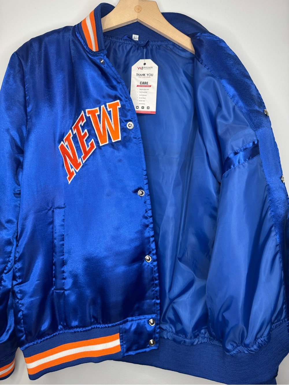 NWT Men’s Wilson NEW YORK NBA Starter Satin Varsity Bomber Jacket Blue Orange L - Picture 10 of 16